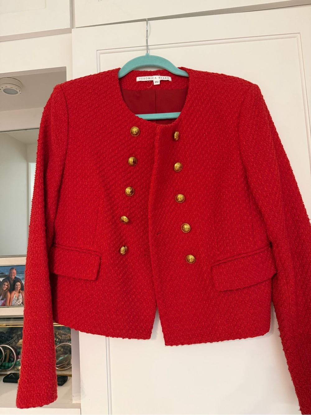 Veronica Beard Red Tweed Double-Breasted Military Jacket
